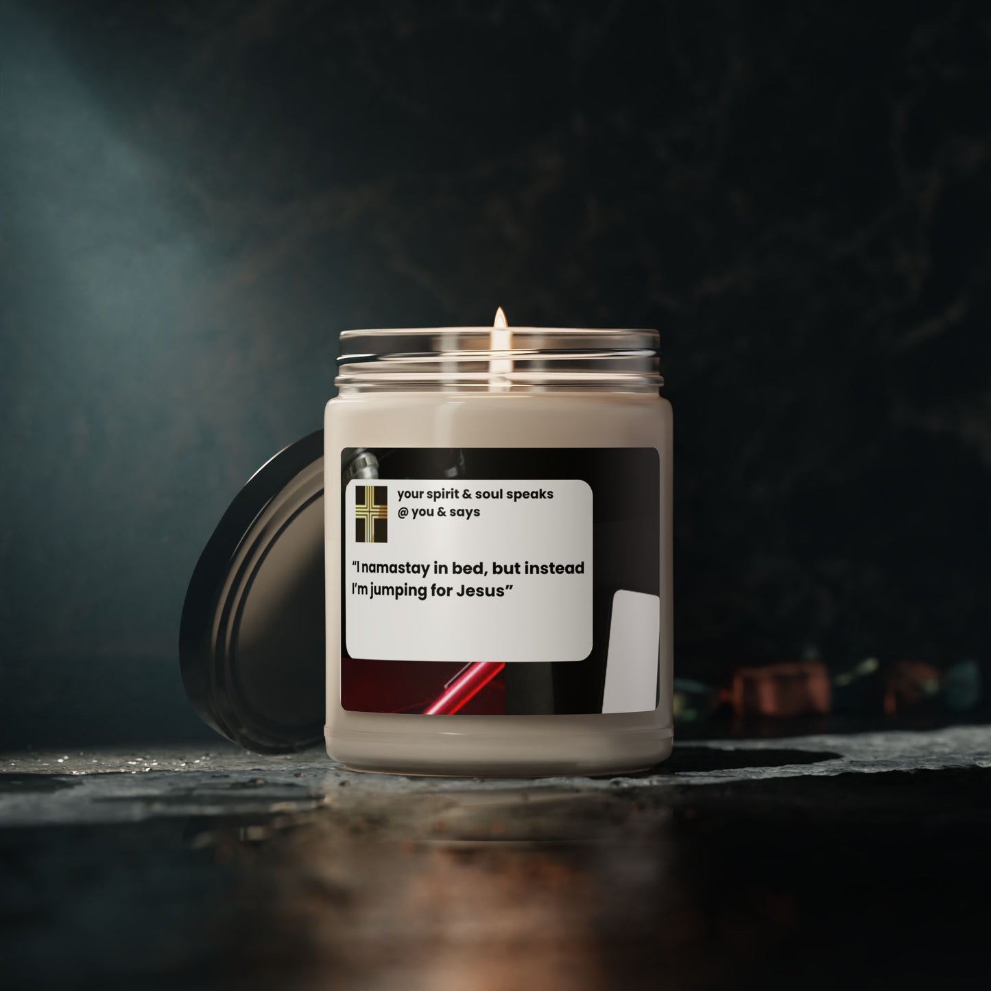 Scented Soy Candle, 9oz " I namastay in bed, but instead I'm jumping for Jesus"