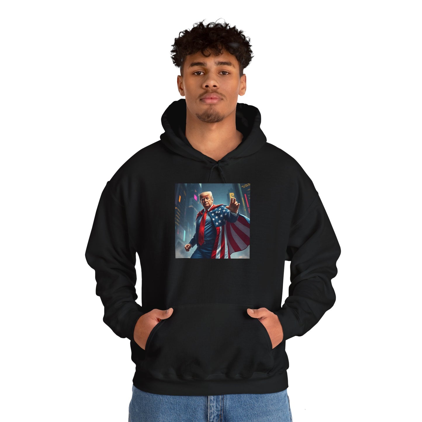 Unisex Heavy Blend™ Hooded Sweatshirt " Trump Superhero: Patriotism Meets Power"