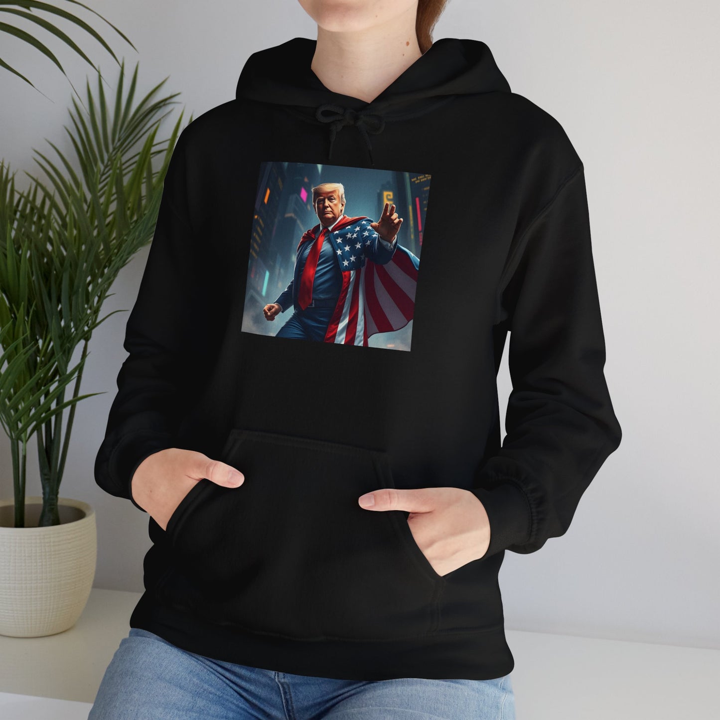 Unisex Heavy Blend™ Hooded Sweatshirt " Trump Superhero: Patriotism Meets Power"