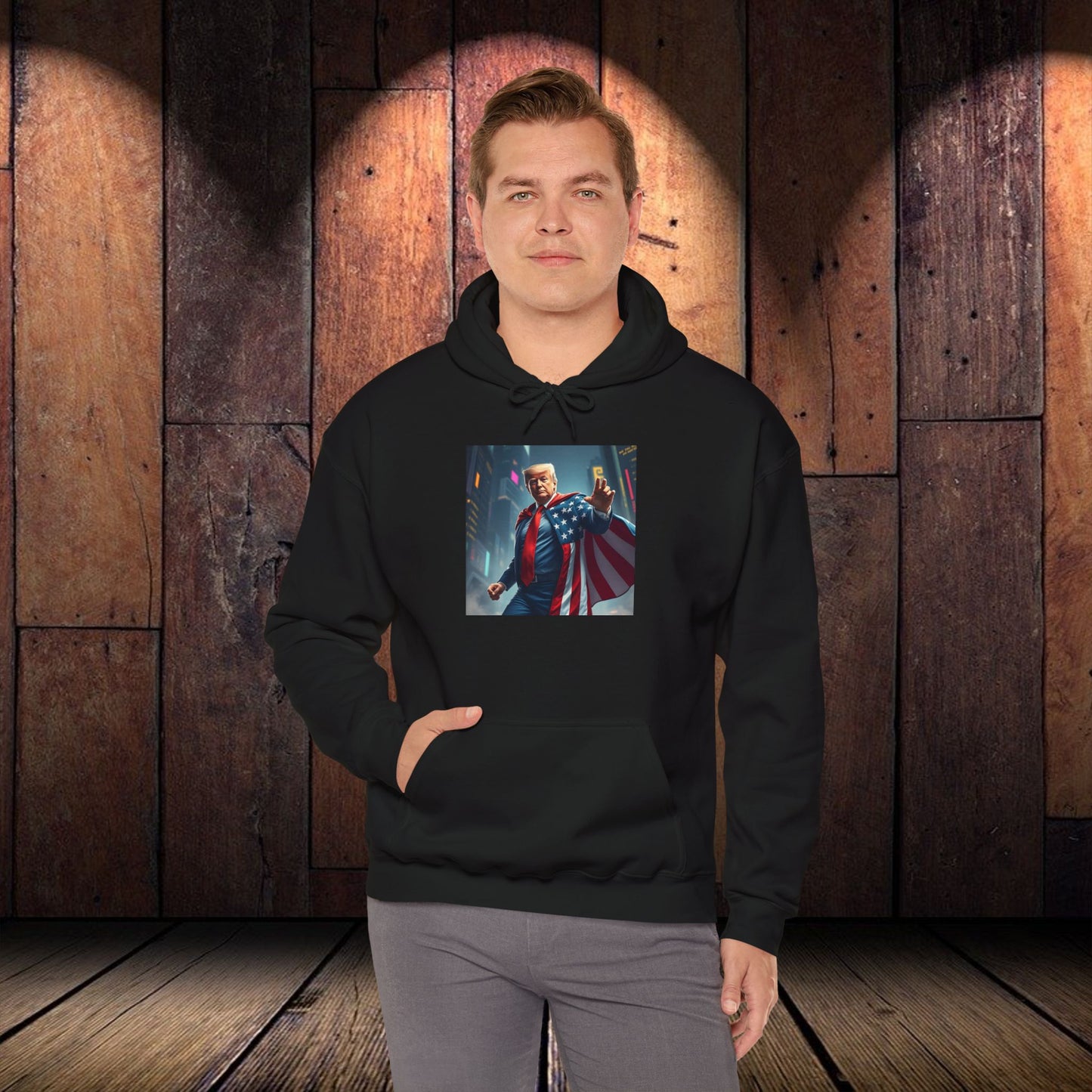 Unisex Heavy Blend™ Hooded Sweatshirt " Trump Superhero: Patriotism Meets Power"