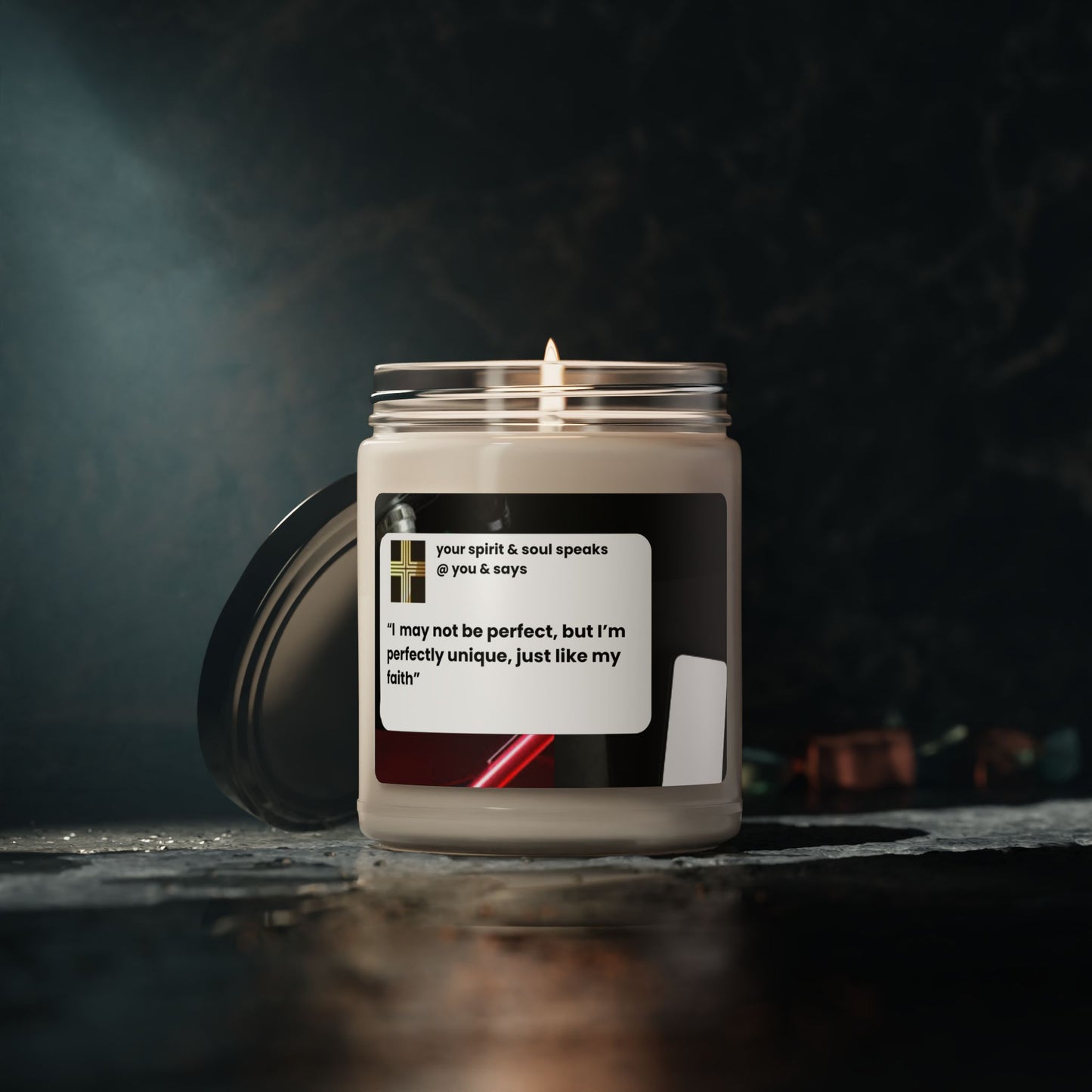 Scented Soy Candle, 9oz "I may not be perfect, but I'm perfectly unique just like my faith"